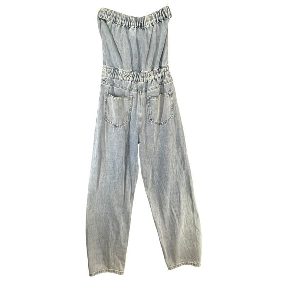 The Post Jean Jumpsuit S Blue Strapless Button Straight Denim Streetwear Utility - Picture 3 of 13